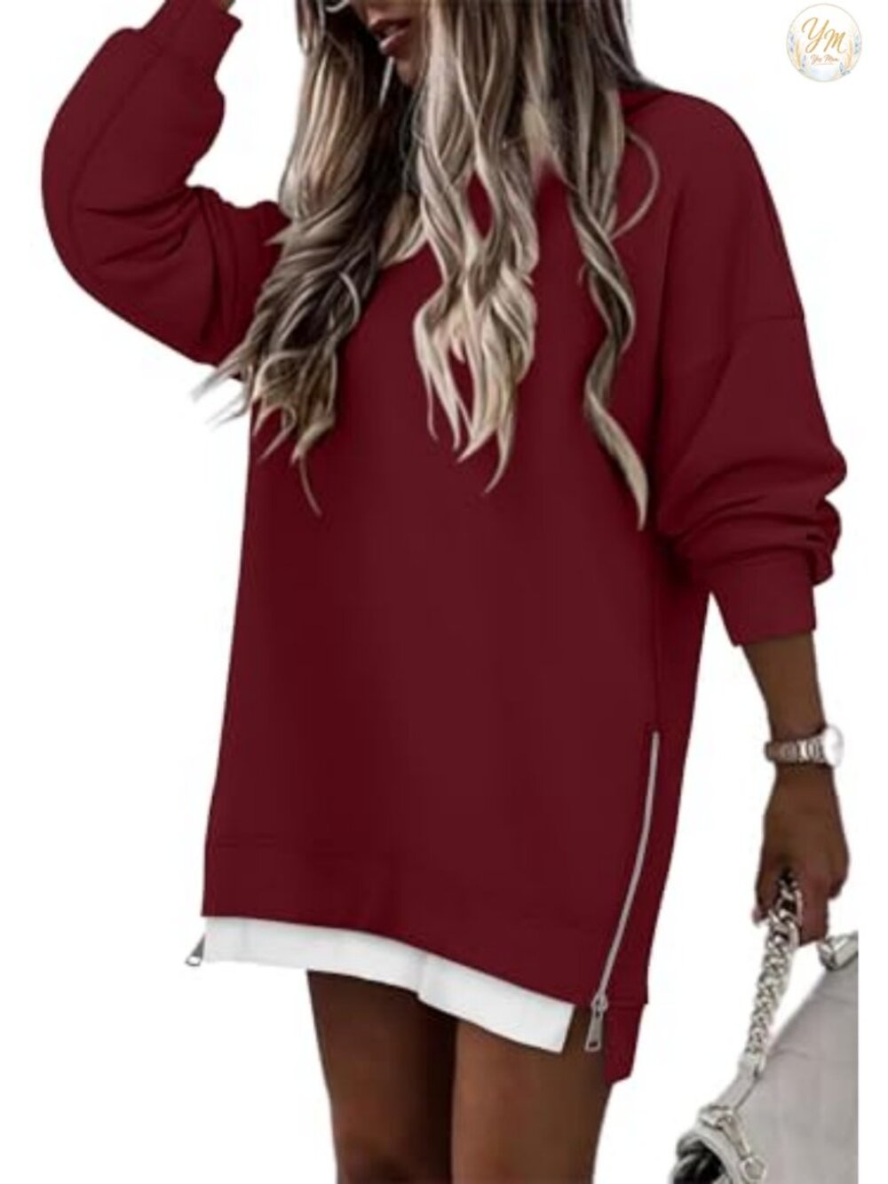 CHICZONE Women's Oversized Crew Neck Sweatshirt with Side Zipper Split Pullover